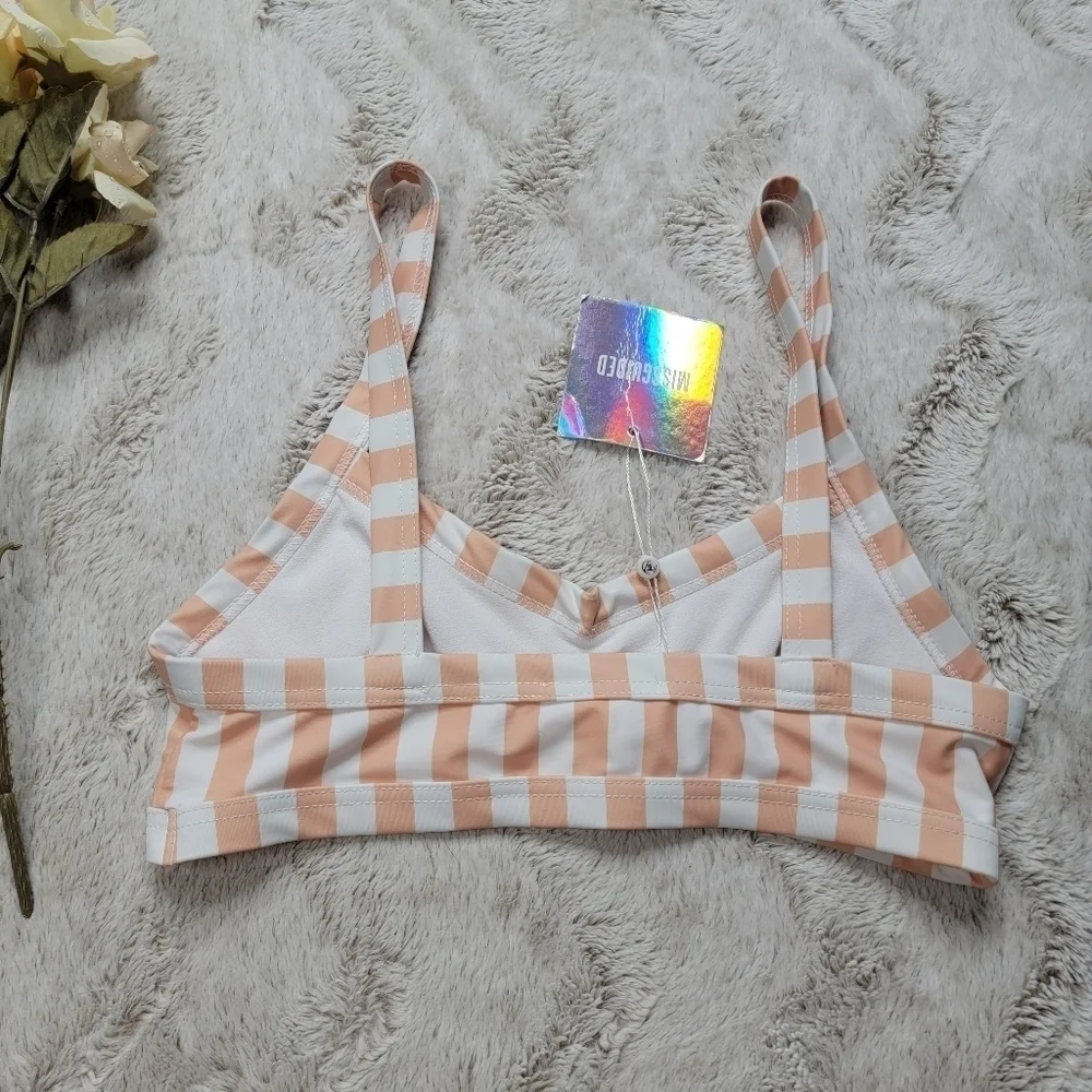 Missguided Stripe Cut Out Bikini Swim Top White Peach NWT Size 6 - Picture 8 of 12